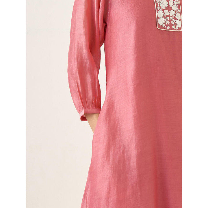 Vinusto Rose Pink Chanderi Kurta with Pant and Slip (Set of 3)