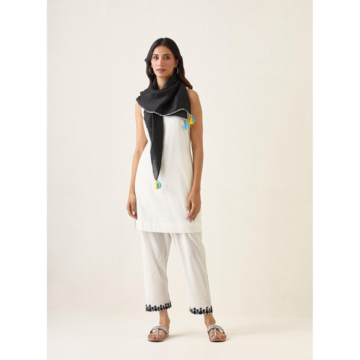 Vinusto White Cotton Kurti and Embroidered Pant with Black Scarf (Set of 3)