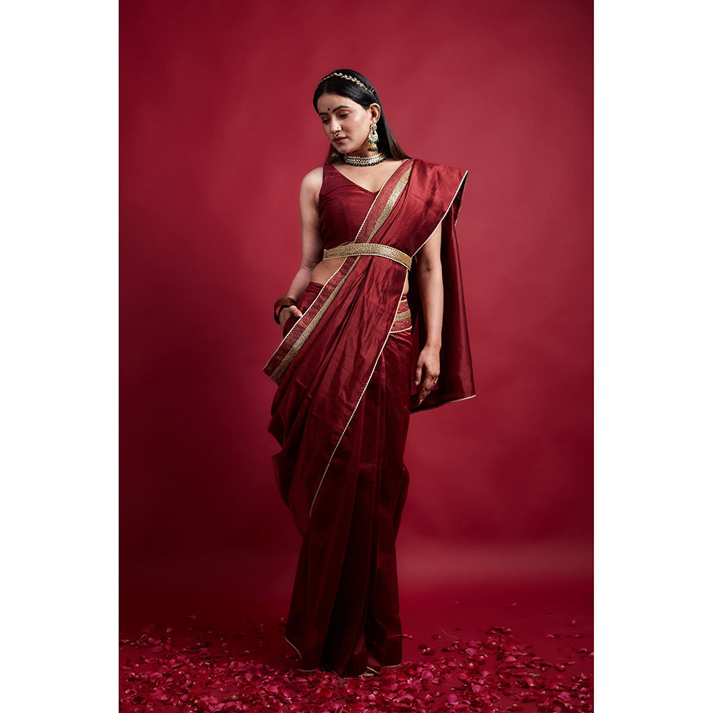 Vinusto Maroon Ready To Wear Saree with Embroidered Lace and Stitched Blouse