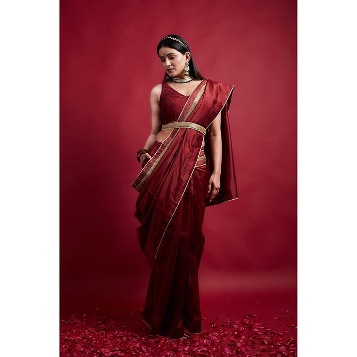 Vinusto Maroon Ready To Wear Saree with Embroidered Lace and Stitched Blouse