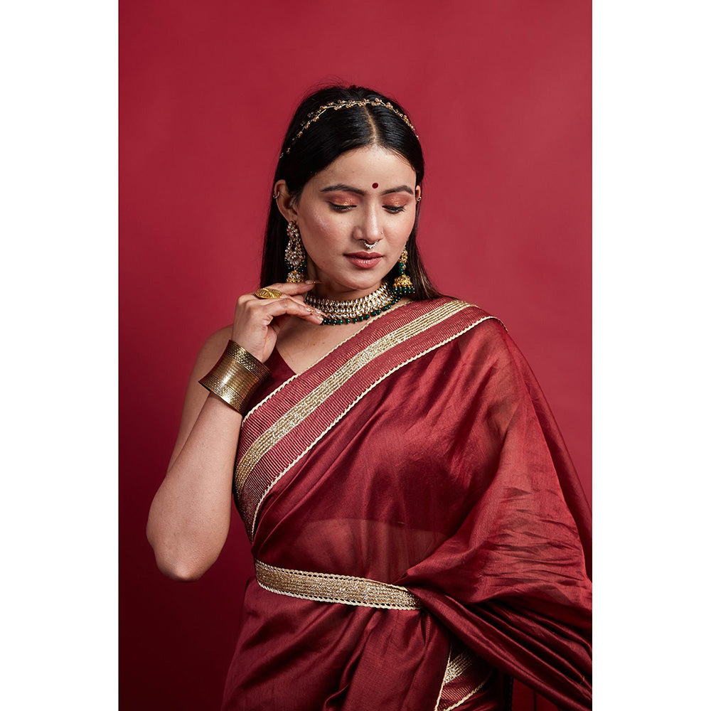 Vinusto Maroon Ready To Wear Saree with Embroidered Lace and Stitched Blouse