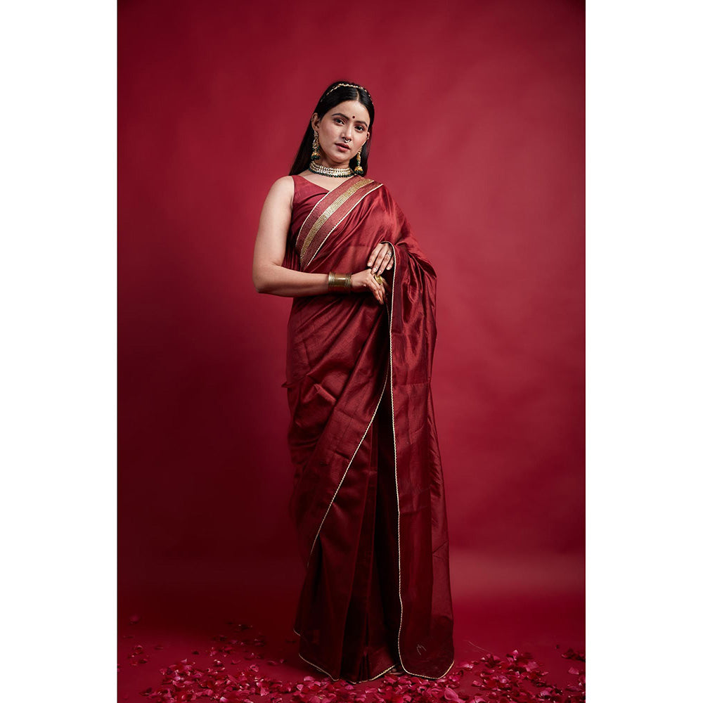 Vinusto Maroon Ready To Wear Saree with Embroidered Lace and Stitched Blouse