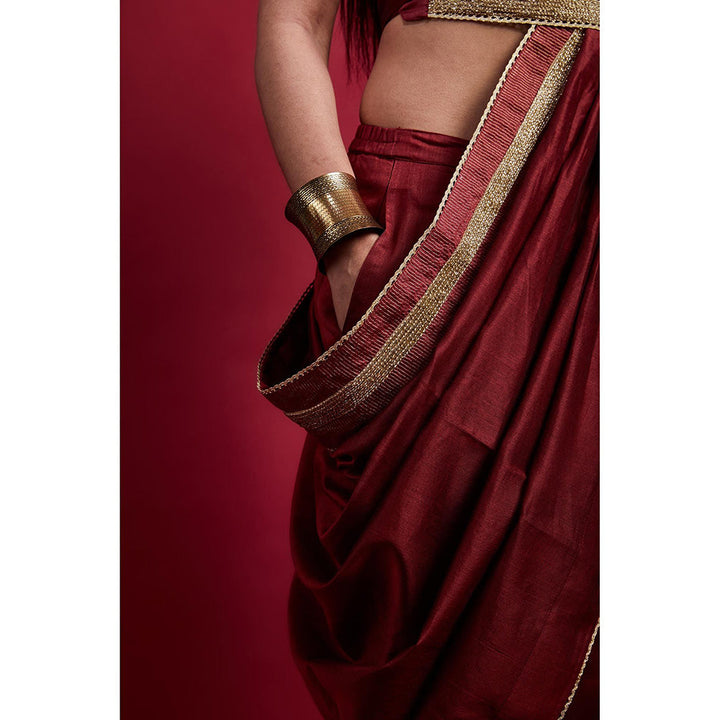 Vinusto Maroon Ready To Wear Saree with Embroidered Lace and Stitched Blouse