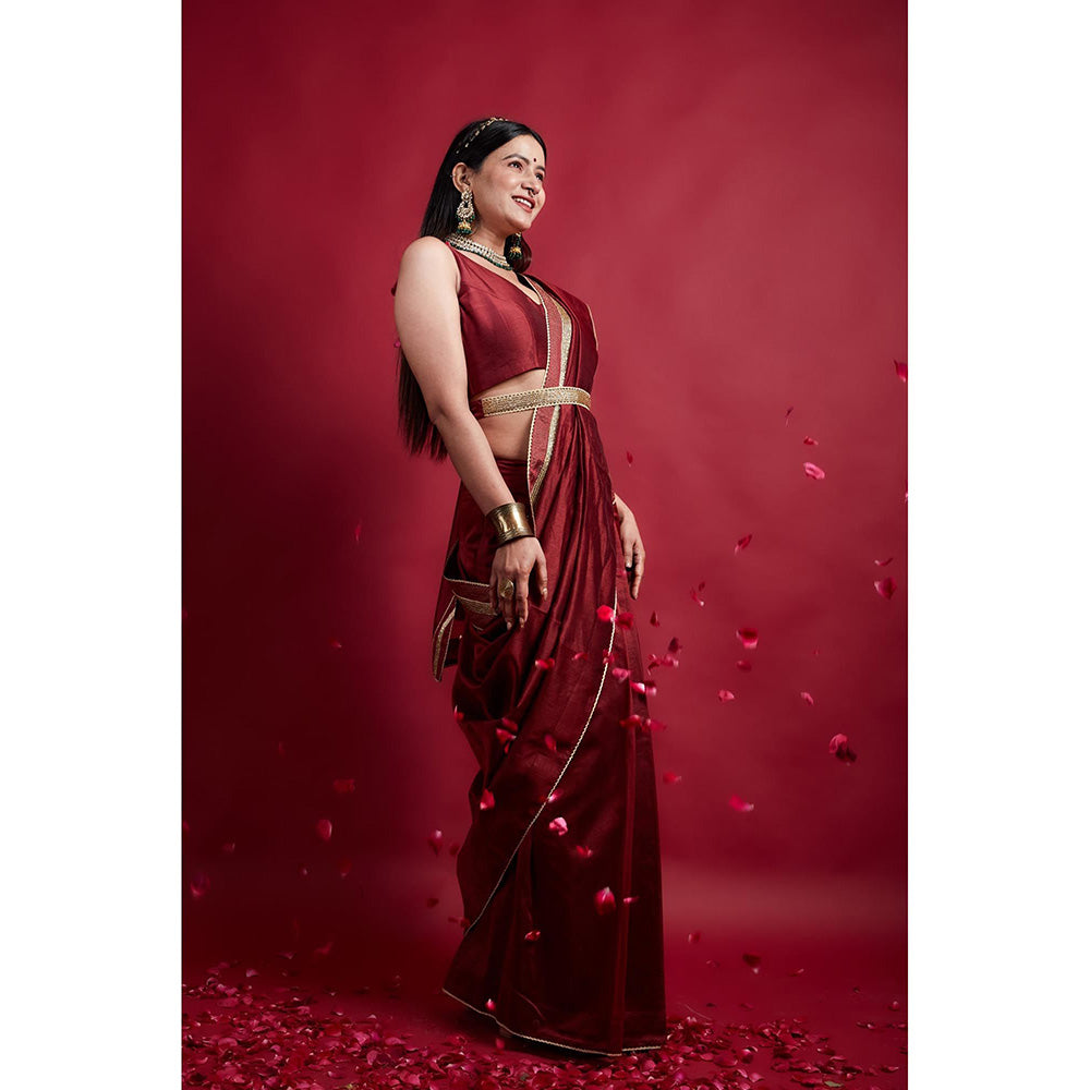 Vinusto Maroon Ready To Wear Saree with Embroidered Lace and Stitched Blouse