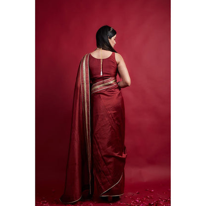 Vinusto Maroon Ready To Wear Saree with Embroidered Lace and Stitched Blouse