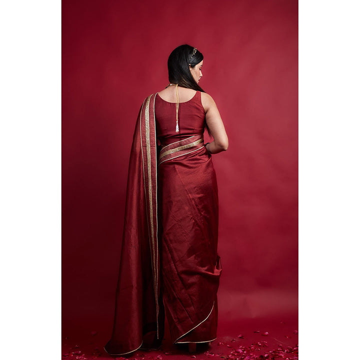 Vinusto Maroon Ready To Wear Saree with Embroidered Lace and Stitched Blouse