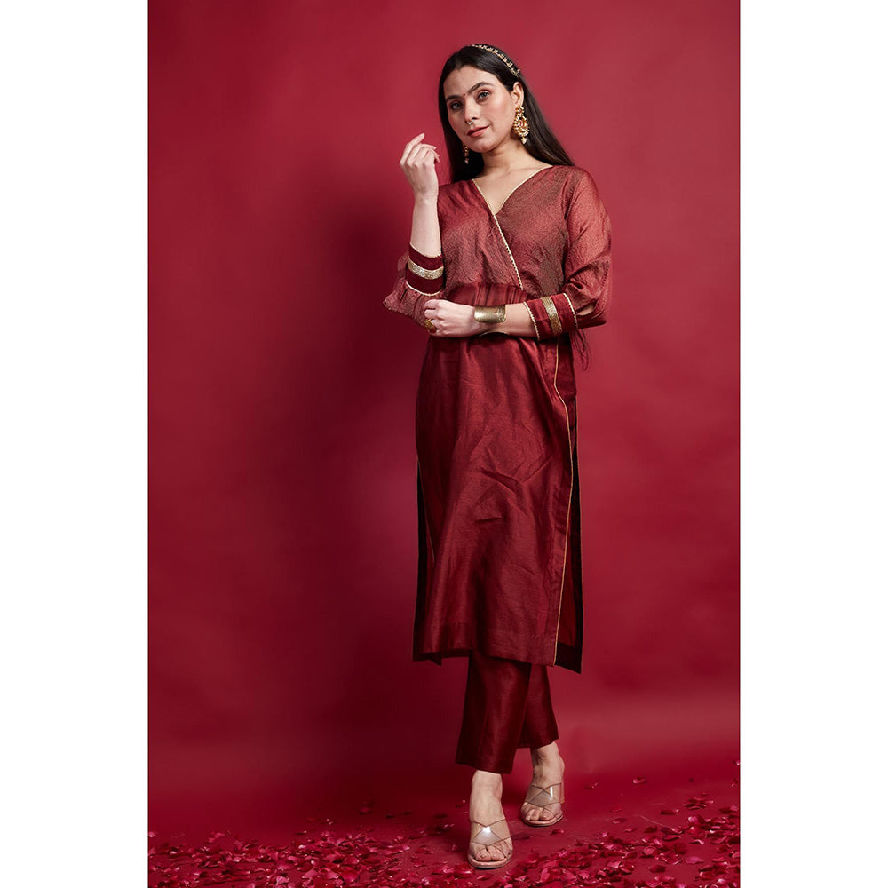 Vinusto Maroon High Slit Chanderi Kurta with Pant (Set of 2)