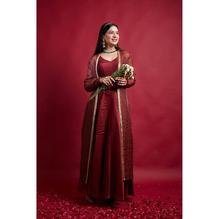 Vinusto Maroon Chanderi Blouse with Lehenga and Long Jacket (Set of 3)