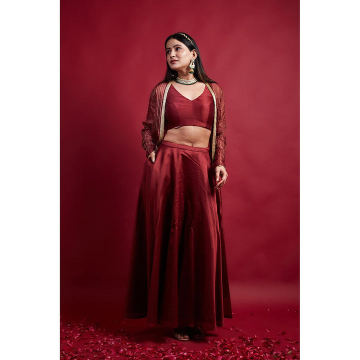 Vinusto Maroon Chanderi Blouse with Lehenga and Long Jacket (Set of 3)