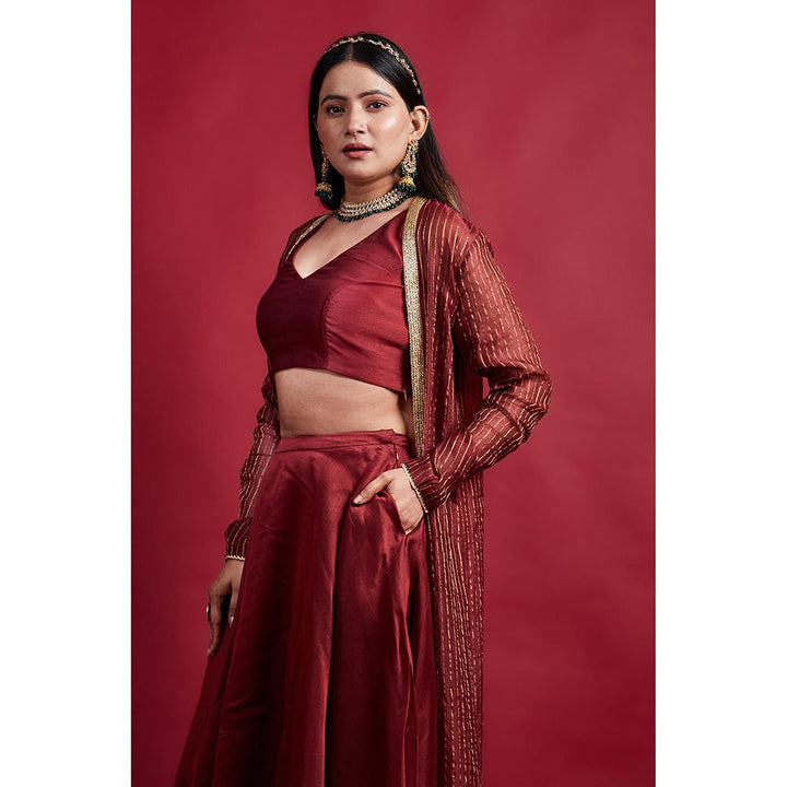 Vinusto Maroon Chanderi Blouse with Lehenga and Long Jacket (Set of 3)