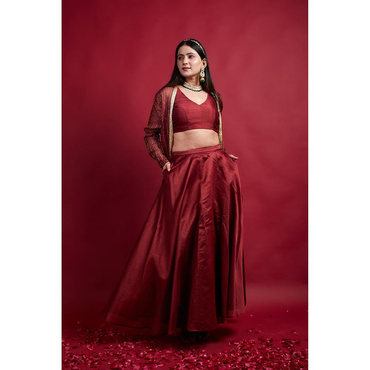 Vinusto Maroon Chanderi Blouse with Lehenga and Long Jacket (Set of 3)