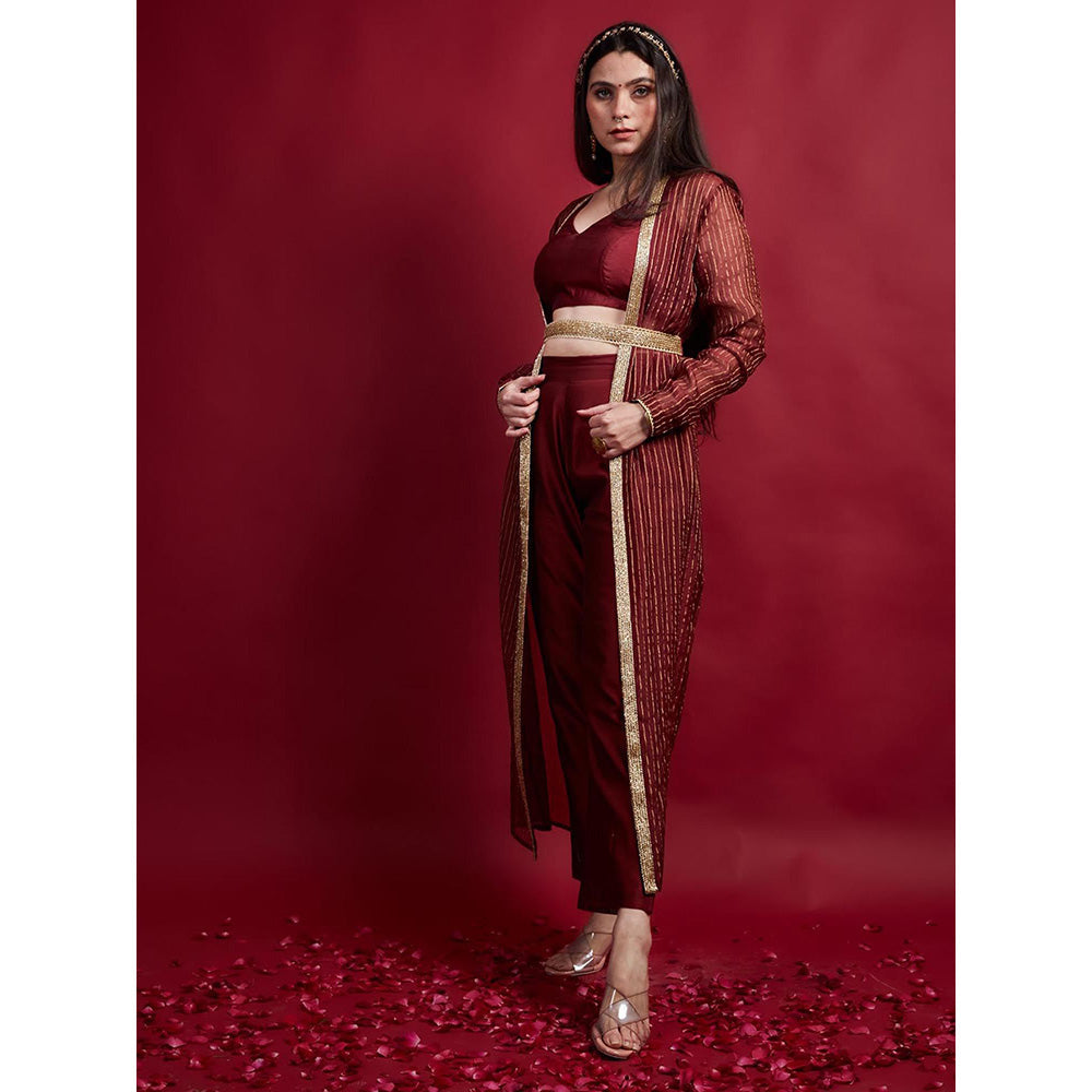 Vinusto Chanderi Handloom Blouse and Pant with Long Shrug Jacket (Set of 3)