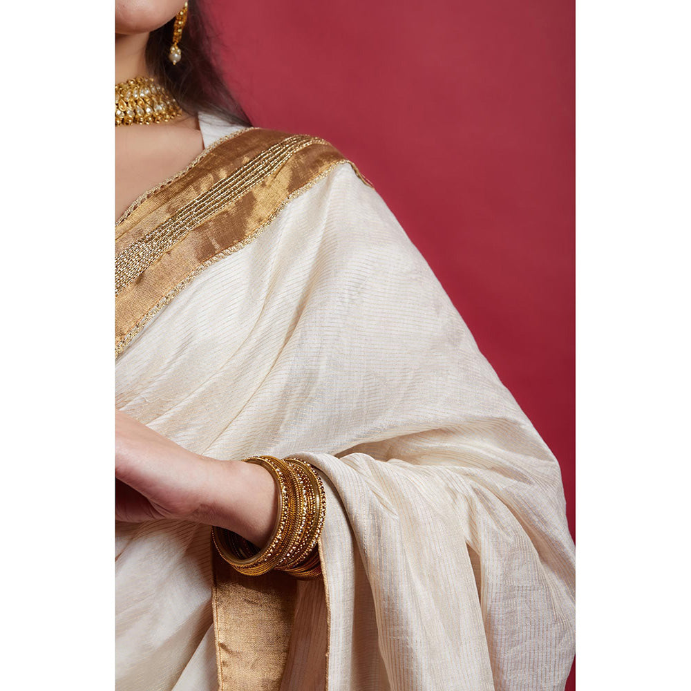 Vinusto Pre-Stitched Stripe Saree with Embroidered Lace and Stitched Blouse