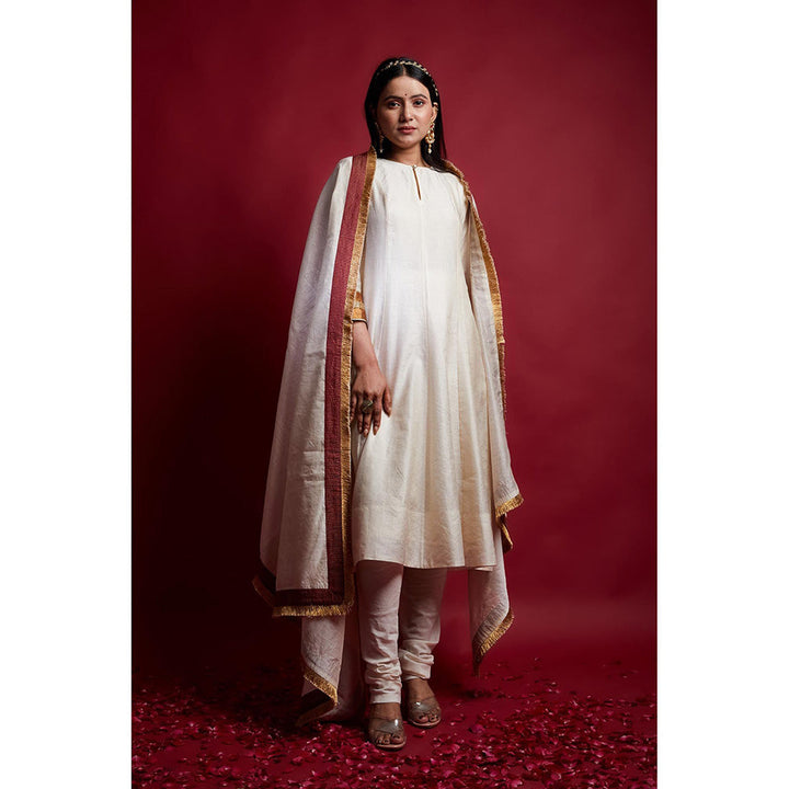 Vinusto Ivory and Gold Stripes Chanderi Anarkali Kurta with Pant with Dupatta (Set of 3)