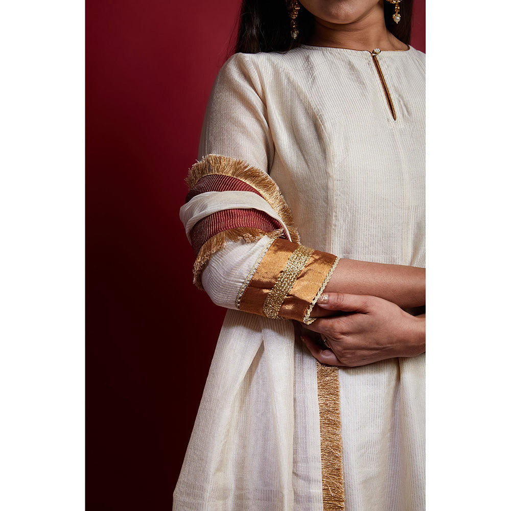 Vinusto Ivory and Gold Stripes Chanderi Anarkali Kurta with Pant with Dupatta (Set of 3)