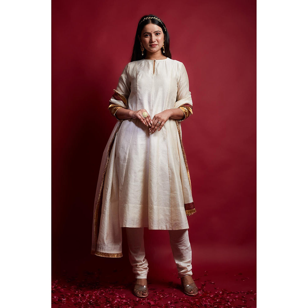 Vinusto Ivory and Gold Stripes Chanderi Anarkali Kurta with Pant with Dupatta (Set of 3)