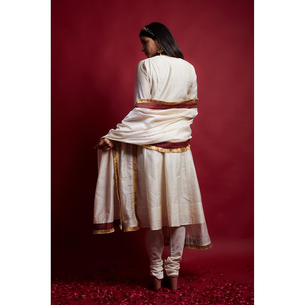 Vinusto Ivory and Gold Stripes Chanderi Anarkali Kurta with Pant with Dupatta (Set of 3)