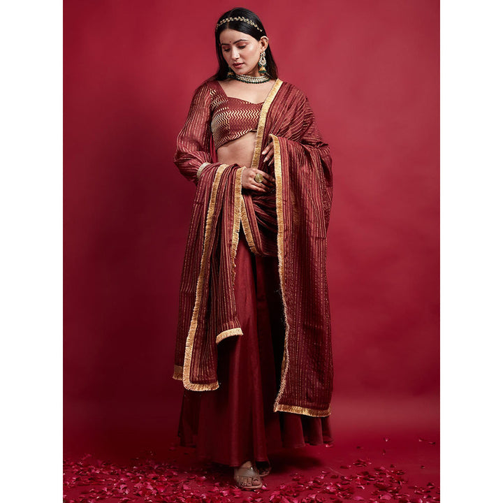 Vinusto Maroon Chanderi Stripes Blouse with Dupatta and Lehenga (Set of 3)