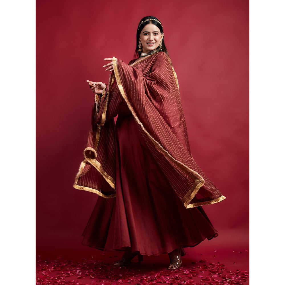 Vinusto Maroon Chanderi Stripes Blouse with Dupatta and Lehenga (Set of 3)