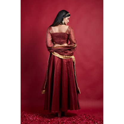 Vinusto Maroon Chanderi Stripes Blouse with Dupatta and Lehenga (Set of 3)