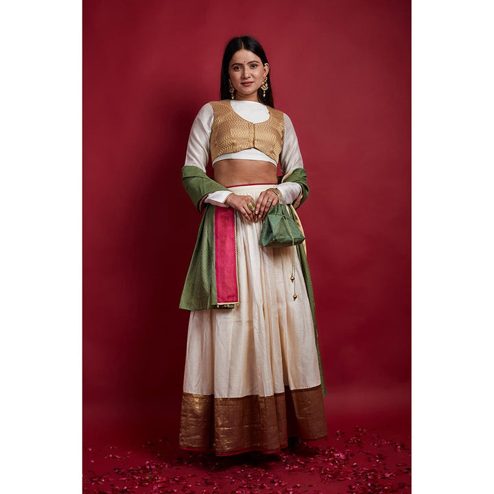 Vinusto Ivory and Gold Chanderi Handloom Lehenga Choli with Koti and Dupatta (Set of 4)