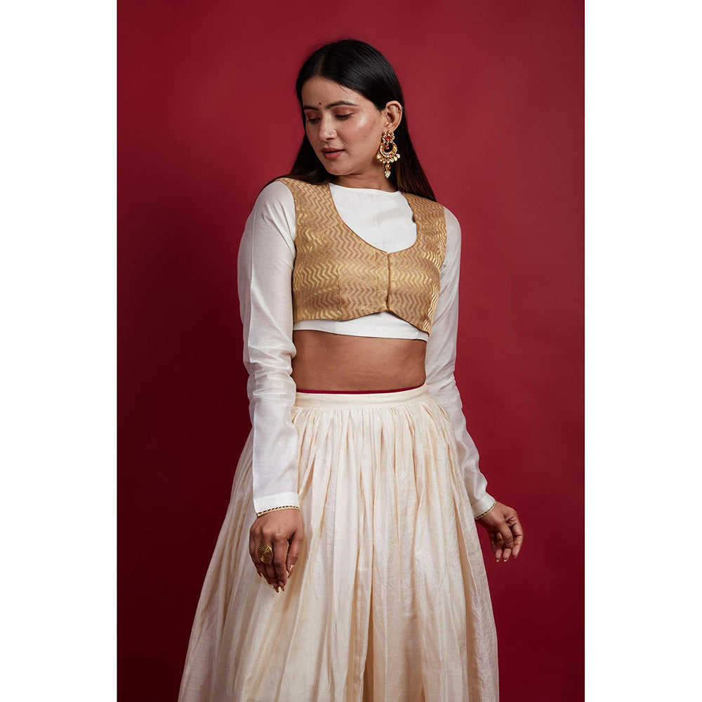 Vinusto Ivory and Gold Chanderi Handloom Lehenga Choli with Koti and Dupatta (Set of 4)