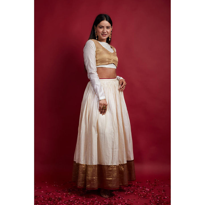 Vinusto Ivory and Gold Chanderi Handloom Lehenga Choli with Koti and Dupatta (Set of 4)