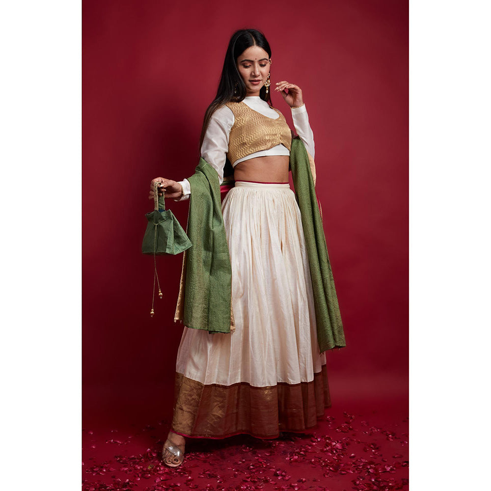 Vinusto Ivory and Gold Chanderi Handloom Lehenga Choli with Koti and Dupatta (Set of 4)