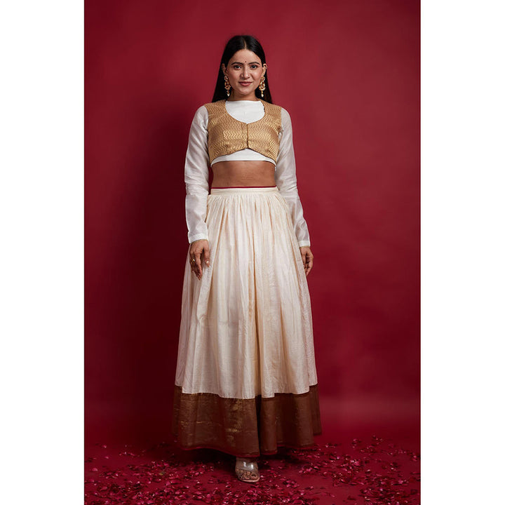 Vinusto Ivory and Gold Chanderi Handloom Lehenga Choli with Koti and Dupatta (Set of 4)