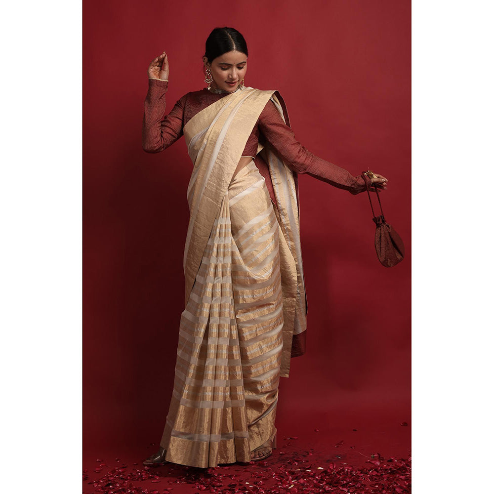 Vinusto Chanderi Handcrafted Gold Stripe Zari Saree with Stitched Blouse