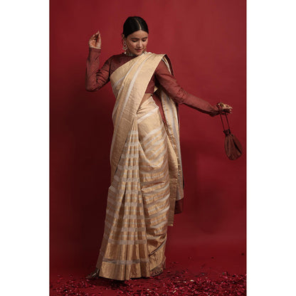 Vinusto Chanderi Handcrafted Gold Stripe Zari Saree with Stitched Blouse