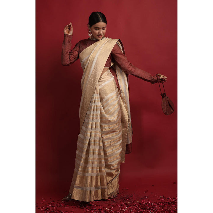 Vinusto Chanderi Handcrafted Gold Stripe Zari Saree with Stitched Blouse