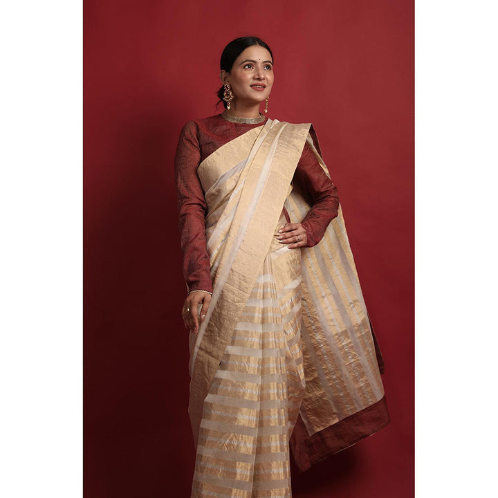 Vinusto Chanderi Handcrafted Gold Stripe Zari Saree with Stitched Blouse