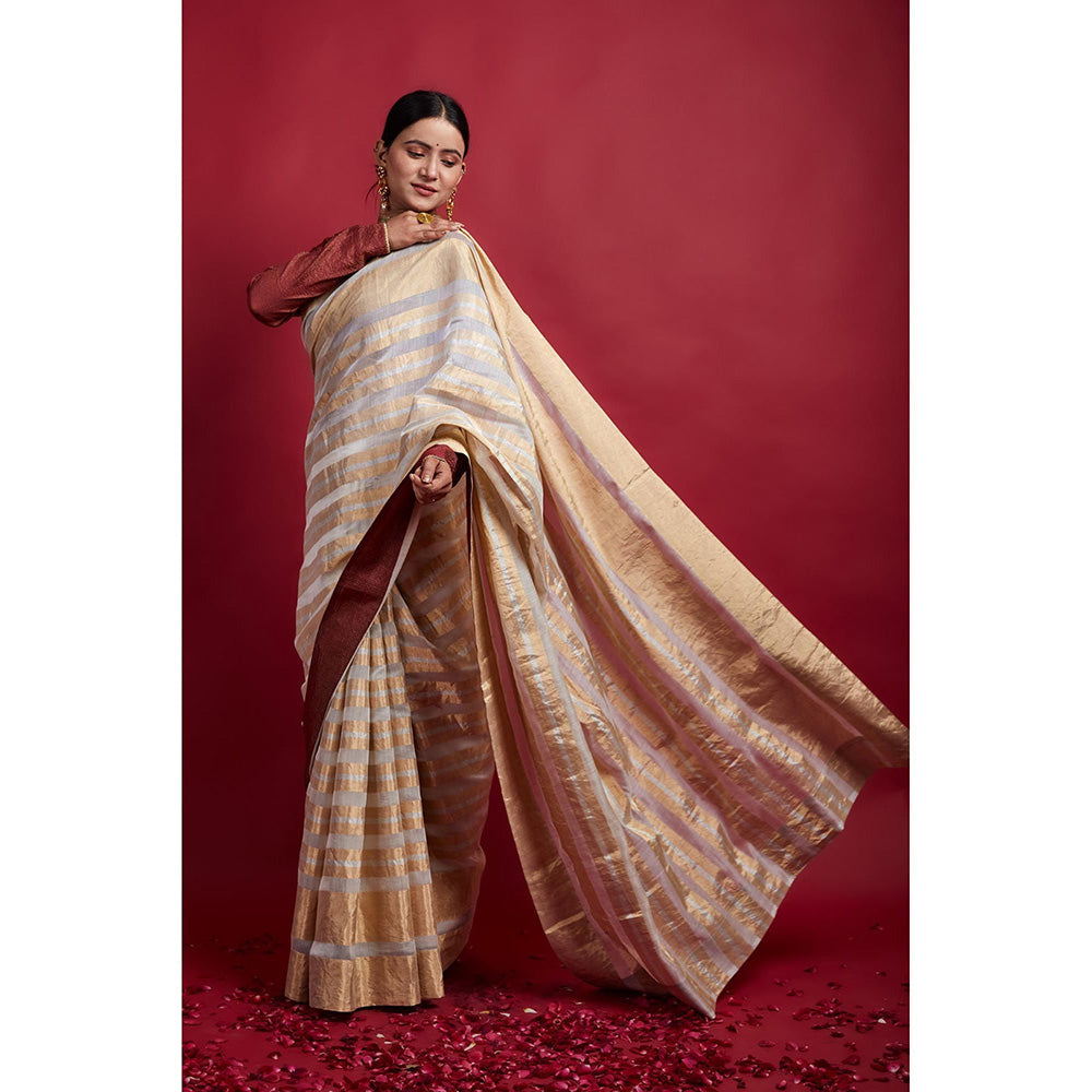 Vinusto Chanderi Handcrafted Gold Stripe Zari Saree with Stitched Blouse