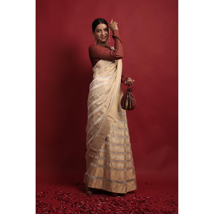 Vinusto Chanderi Handcrafted Gold Stripe Zari Saree with Stitched Blouse