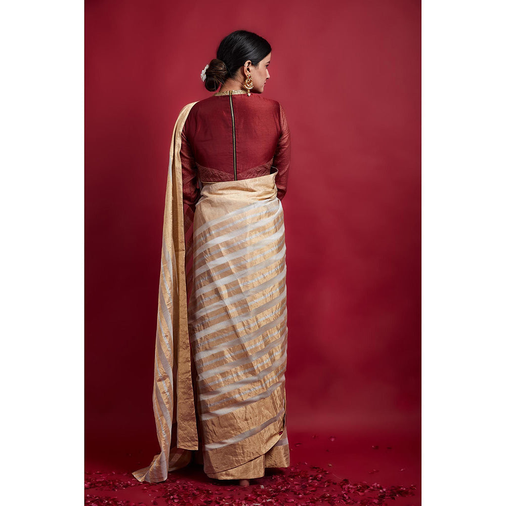 Vinusto Chanderi Handcrafted Gold Stripe Zari Saree with Stitched Blouse