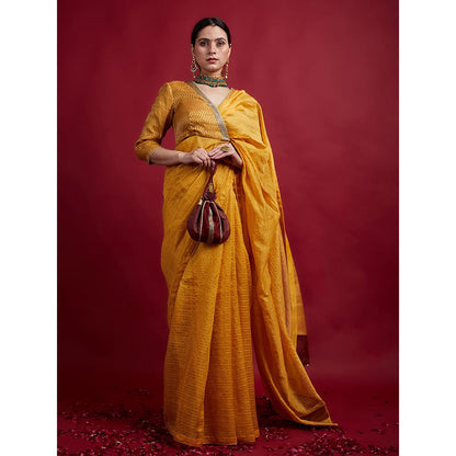 Vinusto Turmeric Yellow and Gold Stripes Saree with Stitched Wrap Blouse