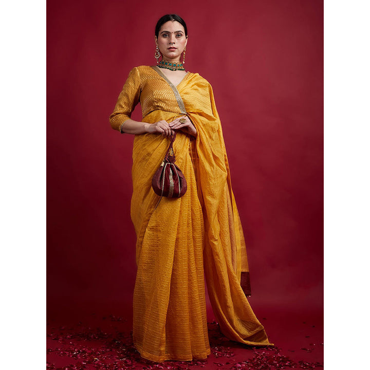 Vinusto Turmeric Yellow and Gold Stripes Saree with Stitched Wrap Blouse