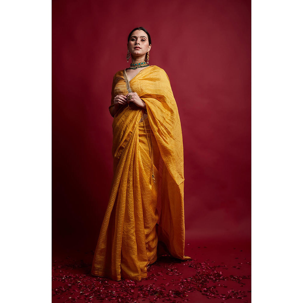 Vinusto Turmeric Yellow and Gold Stripes Saree with Stitched Wrap Blouse