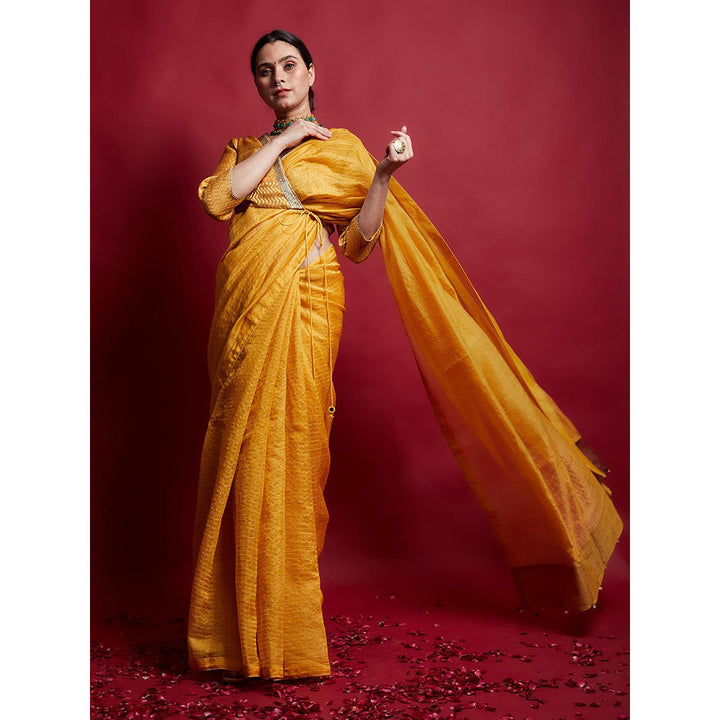 Vinusto Turmeric Yellow and Gold Stripes Saree with Stitched Wrap Blouse