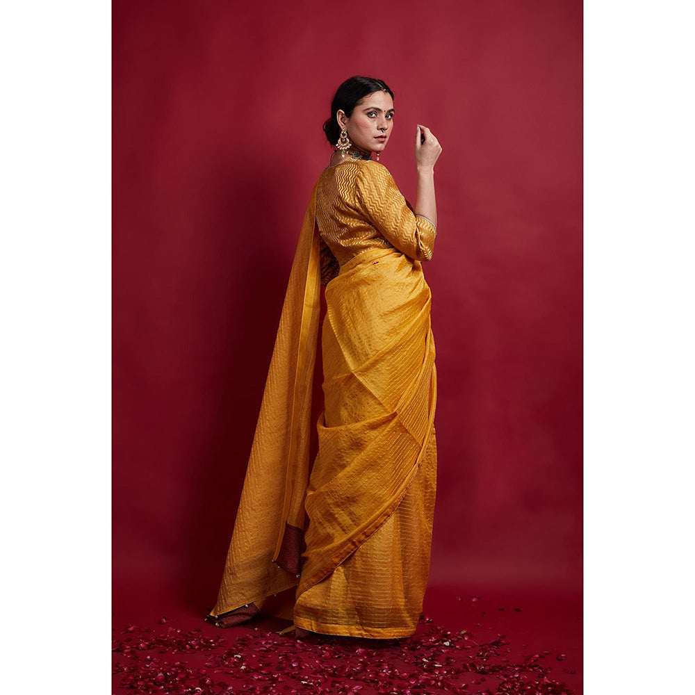 Vinusto Turmeric Yellow and Gold Stripes Saree with Stitched Wrap Blouse