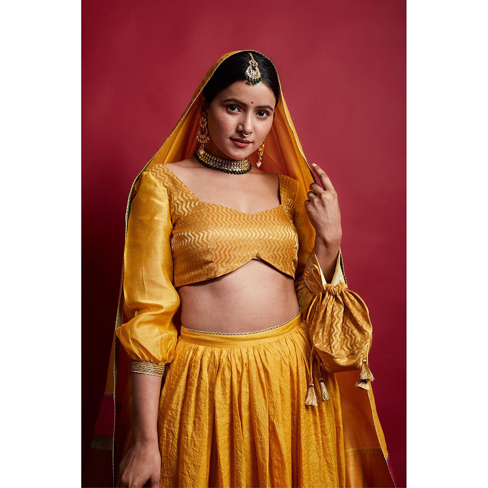 Vinusto Turmeric Yellow Chanderi Handloom Lehenga Choli with Dupatta (Set of 3)