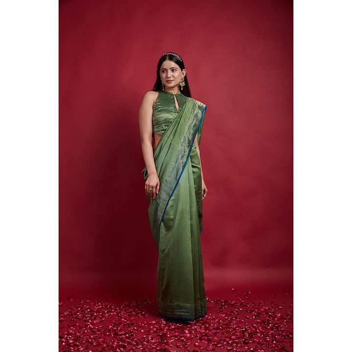 Vinusto Olive Green and Gold Stripe Border Saree with Stitched Blouse