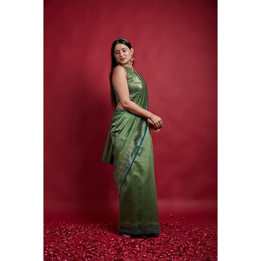 Vinusto Olive Green and Gold Stripe Border Saree with Stitched Blouse