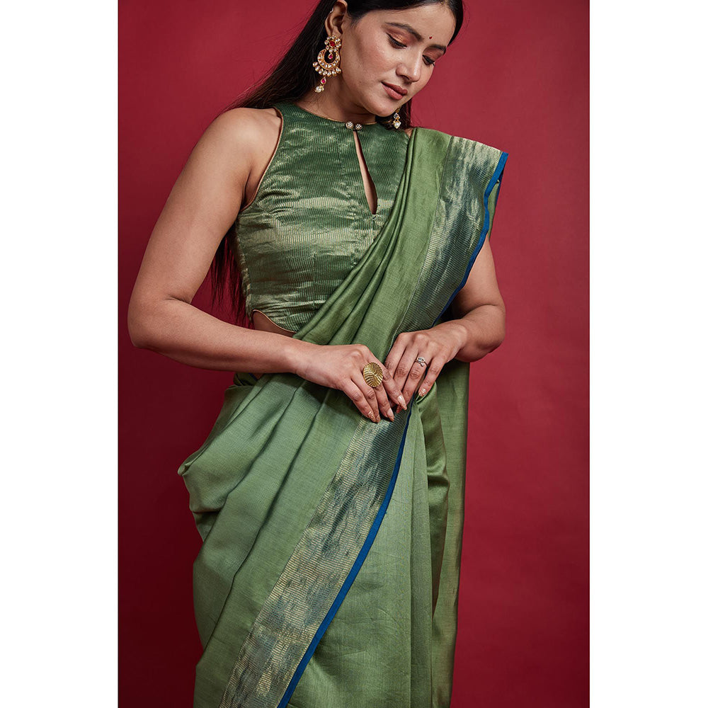 Vinusto Olive Green and Gold Stripe Border Saree with Stitched Blouse