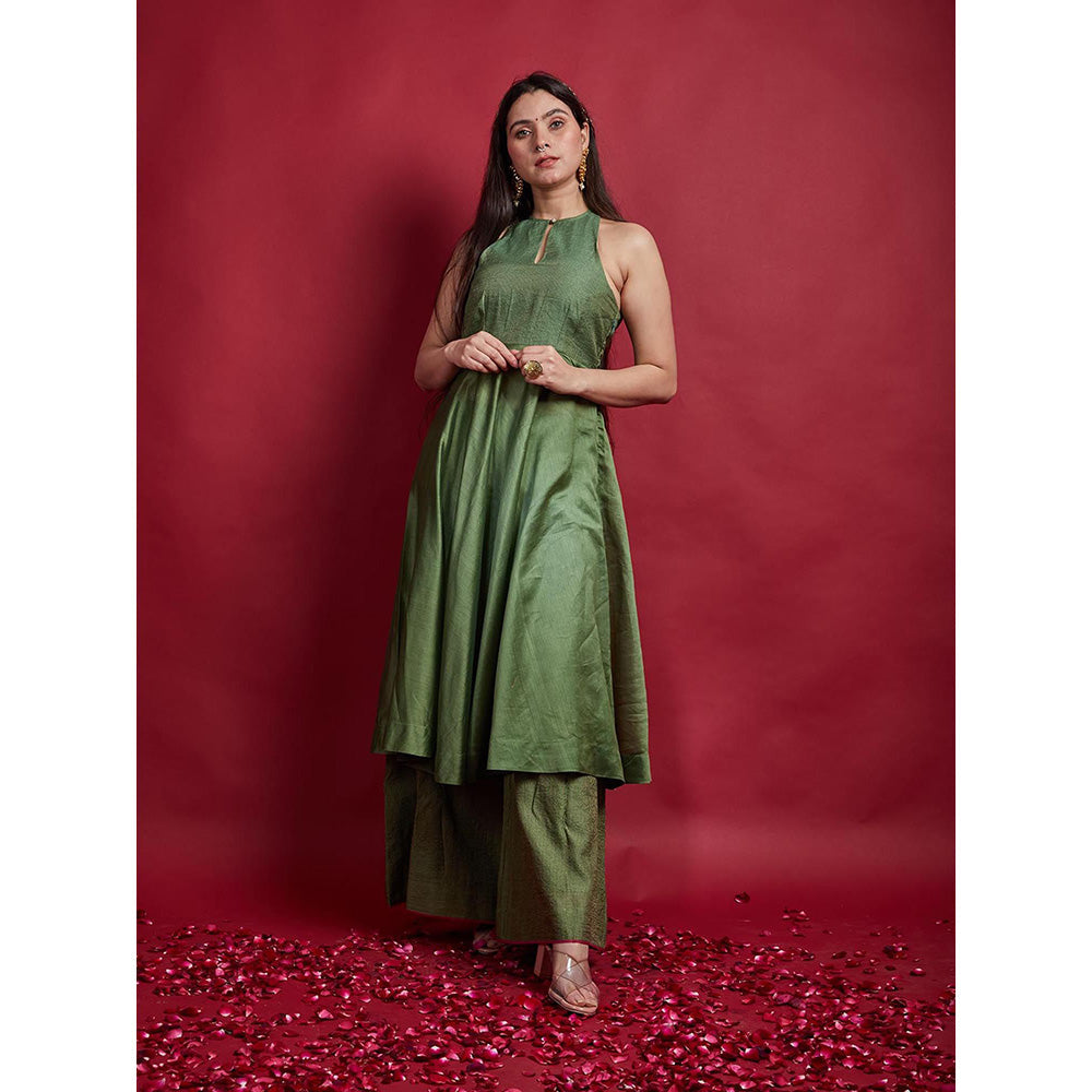 Vinusto Olive Green Chanderi Handloom Halter Neck Anarkali Kurta with Palazzo (Set of 2)