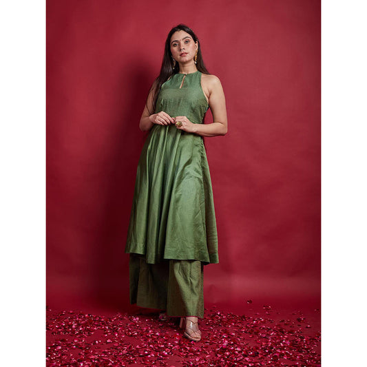 Vinusto Olive Green Chanderi Handloom Halter Neck Anarkali Kurta with Palazzo (Set of 2)