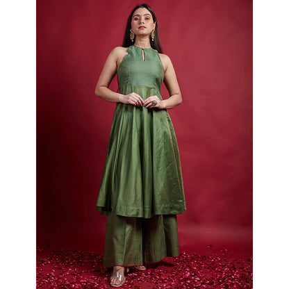 Vinusto Olive Green Chanderi Handloom Halter Neck Anarkali Kurta with Palazzo (Set of 2)