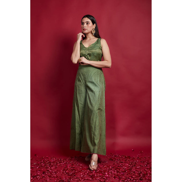 Vinusto Olive Green Chanderi Handloom Zari Crop Top with Palazzo (Set of 2)