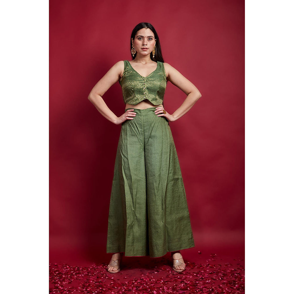 Vinusto Olive Green Chanderi Handloom Zari Crop Top with Palazzo (Set of 2)